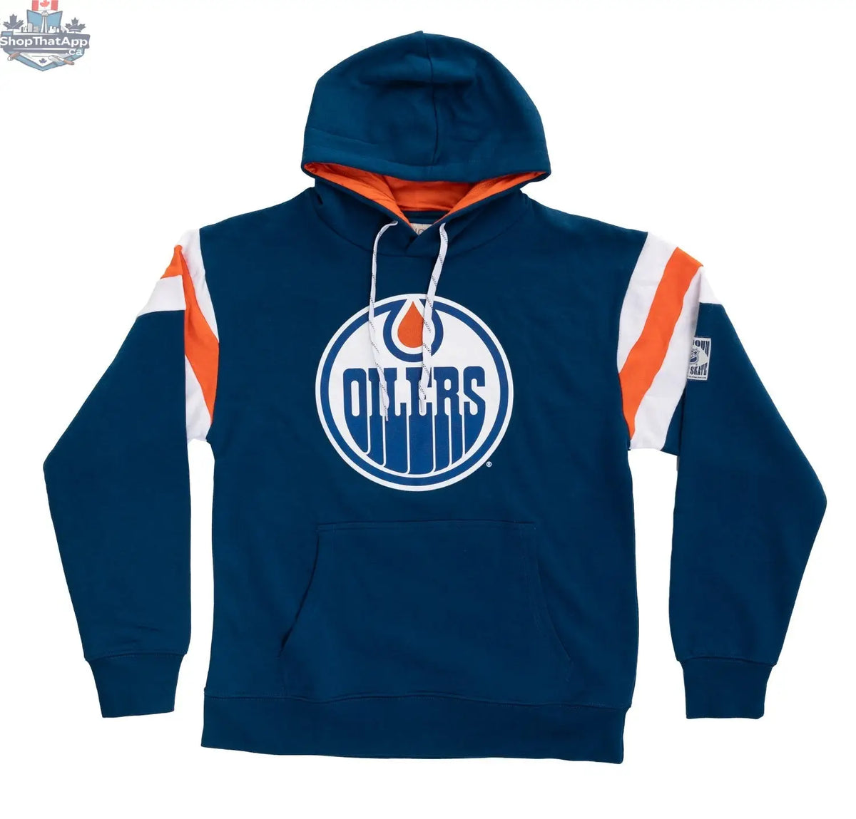 Edmonton Oilers retro varsity hoodie by Calhoun Surf N' Skate, featuring classic team logo and comfortable hoodie design.