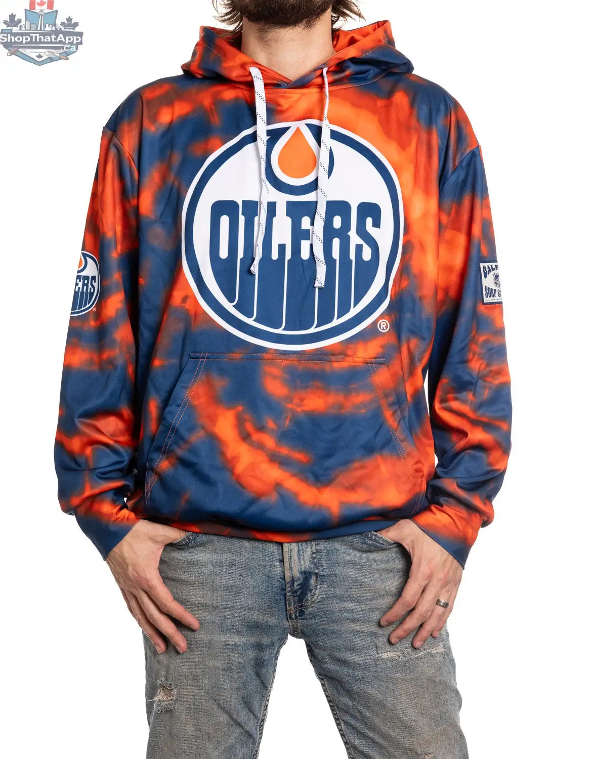 Edmonton Oilers sublimation hoodie by Calhoun Surf N' Skate featuring team logo and vibrant design on a comfortable fleece hoodie.