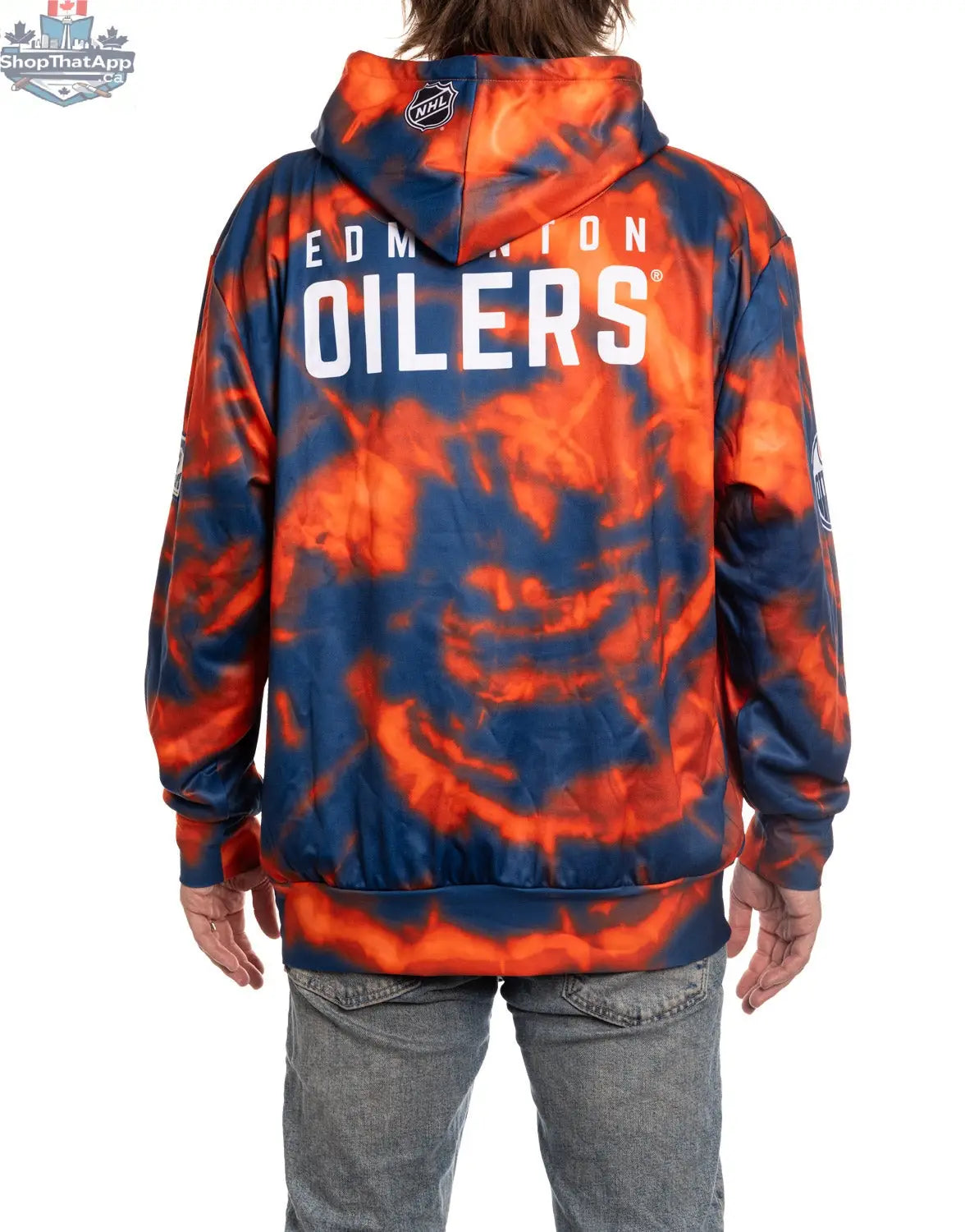 Edmonton Oilers sublimation hoodie by Calhoun Surf N' Skate, showing the back design with team logo and vibrant colors.