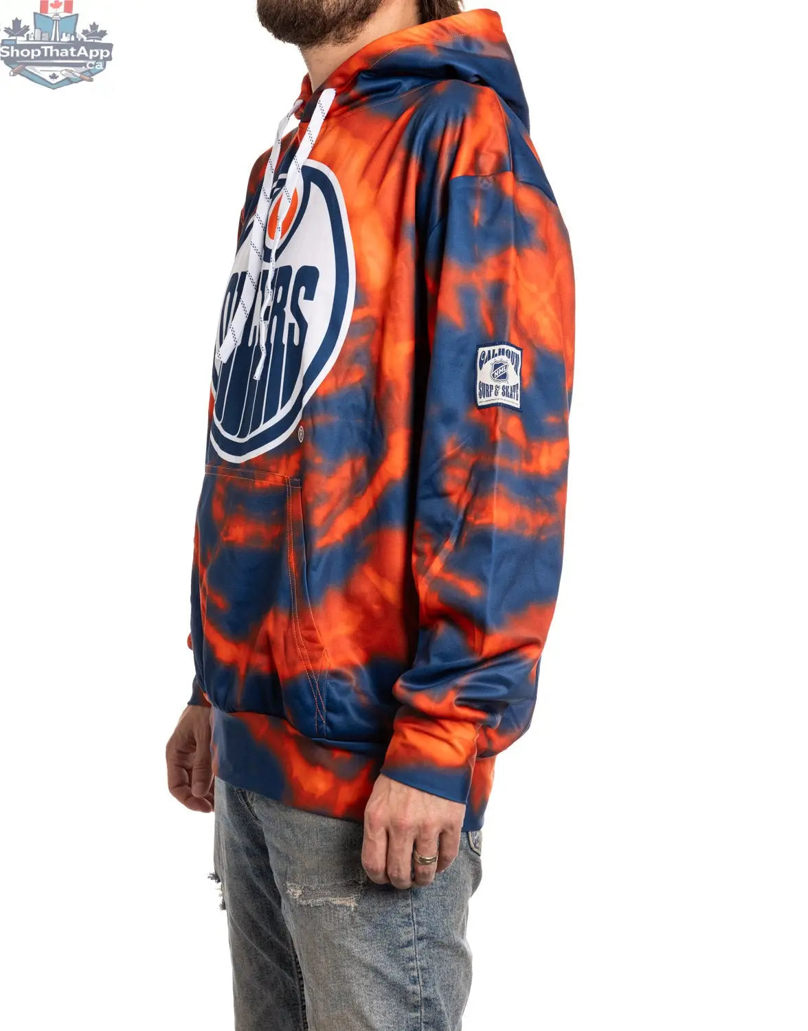 Edmonton Oilers sublimation hoodie by Calhoun Surf N' Skate, showing front design and cozy fit for fans.