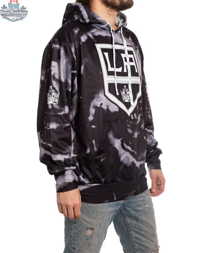 Los Angeles Kings hoodie by Calhoun Surf N' Skate featuring a sublimation design, shown from the side view.