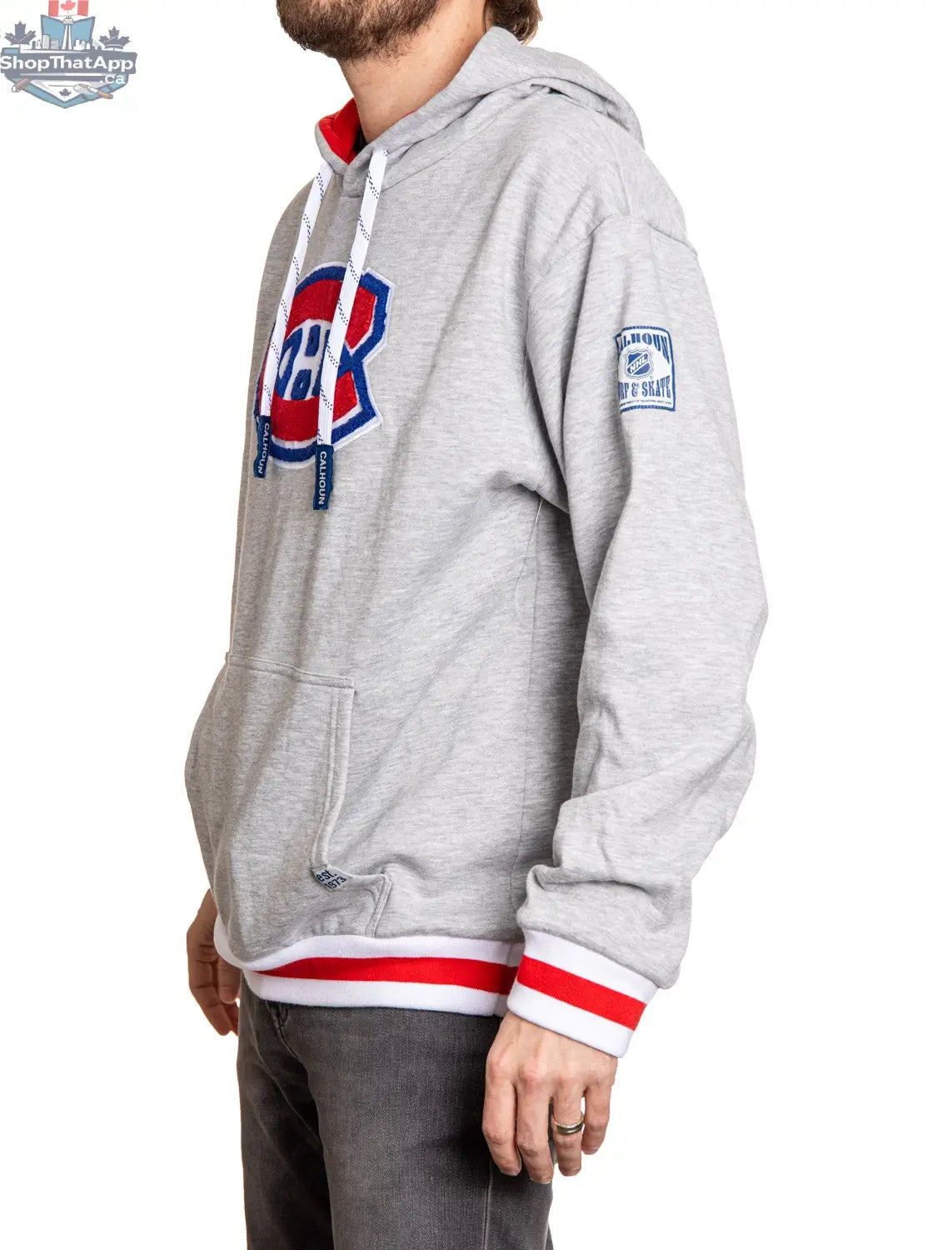 Montreal Canadiens hoodie with a woven chenille logo from Calhoun Surf N' Skate, shown from the side with detailed fabric texture.