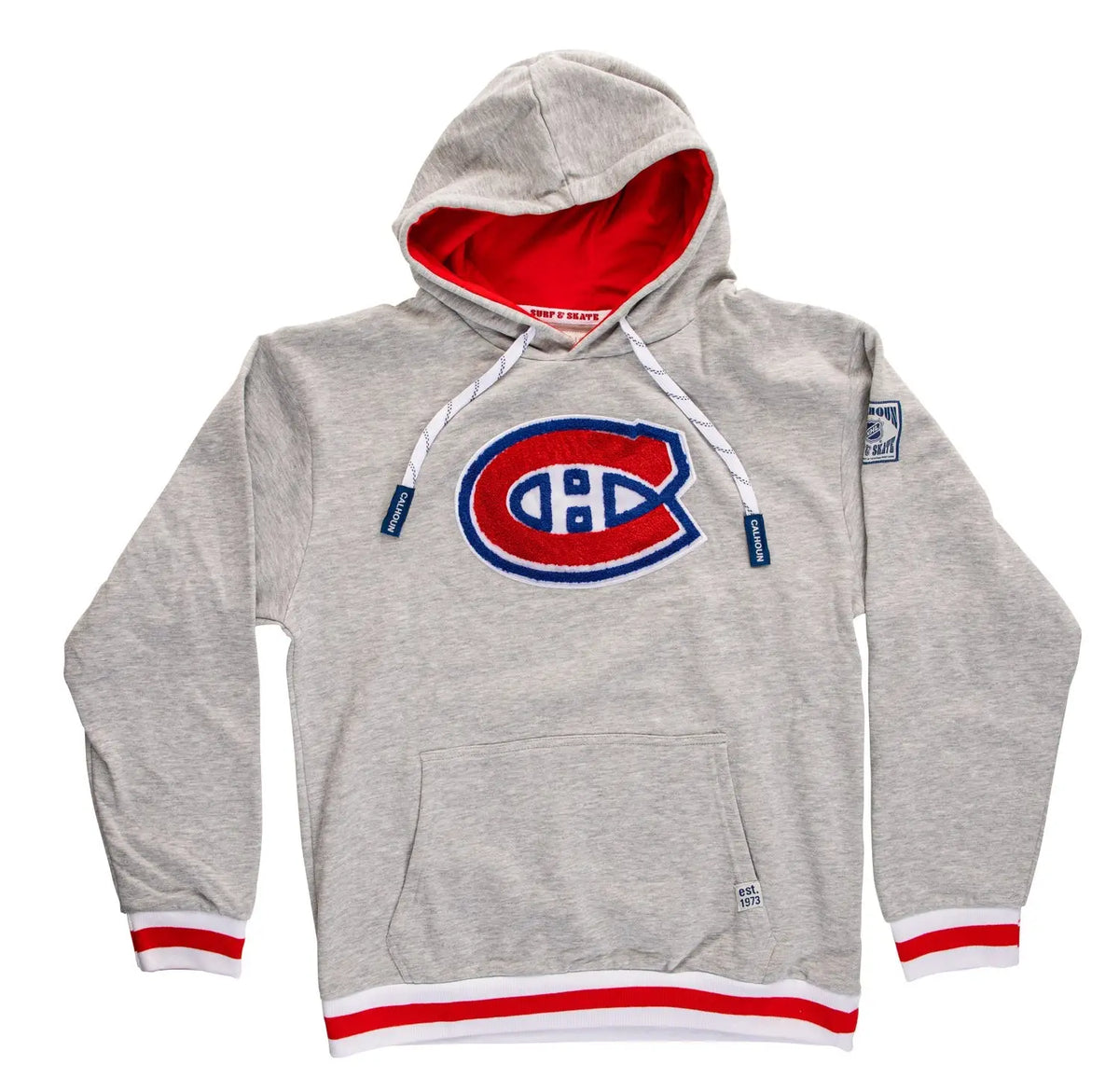 Montreal Canadiens hoodie by Calhoun Surf N' Skate featuring a premium chenille woven logo on a cozy Muskoka-style hoodie.