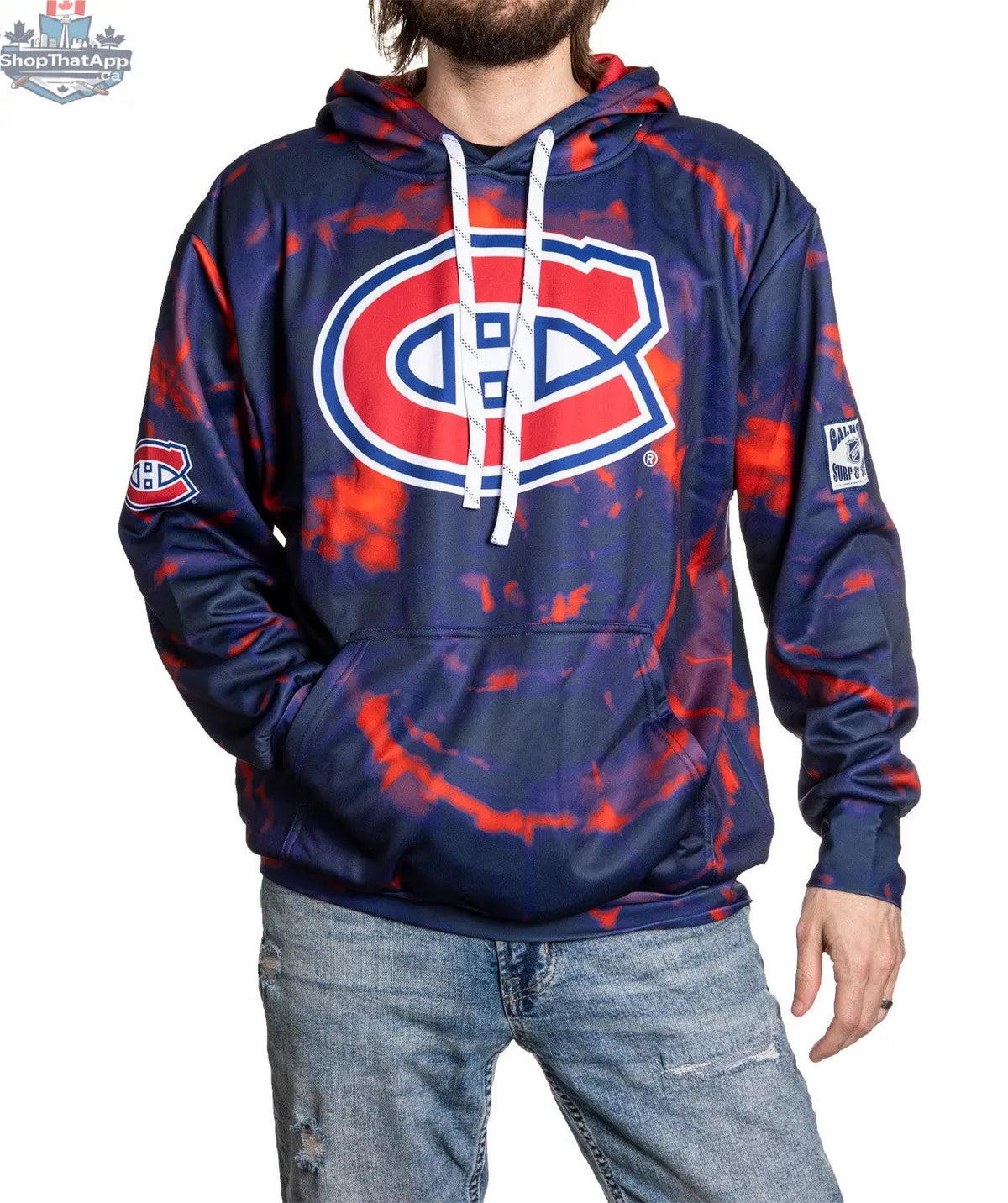 Montreal Canadiens hoodie with sublimation design by Calhoun Surf N' Skate, featuring team logo and vibrant fan-inspired graphics.