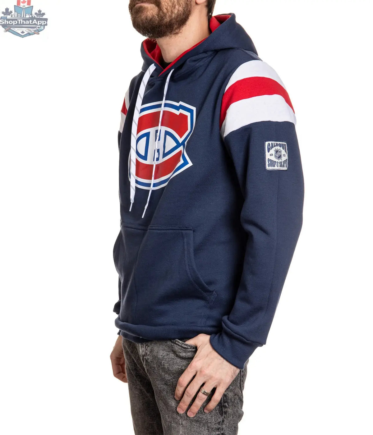 Calhoun Surf N' Skate Montreal Canadiens retro hoodie with vintage varsity style pullover, featuring team logo and classic design.