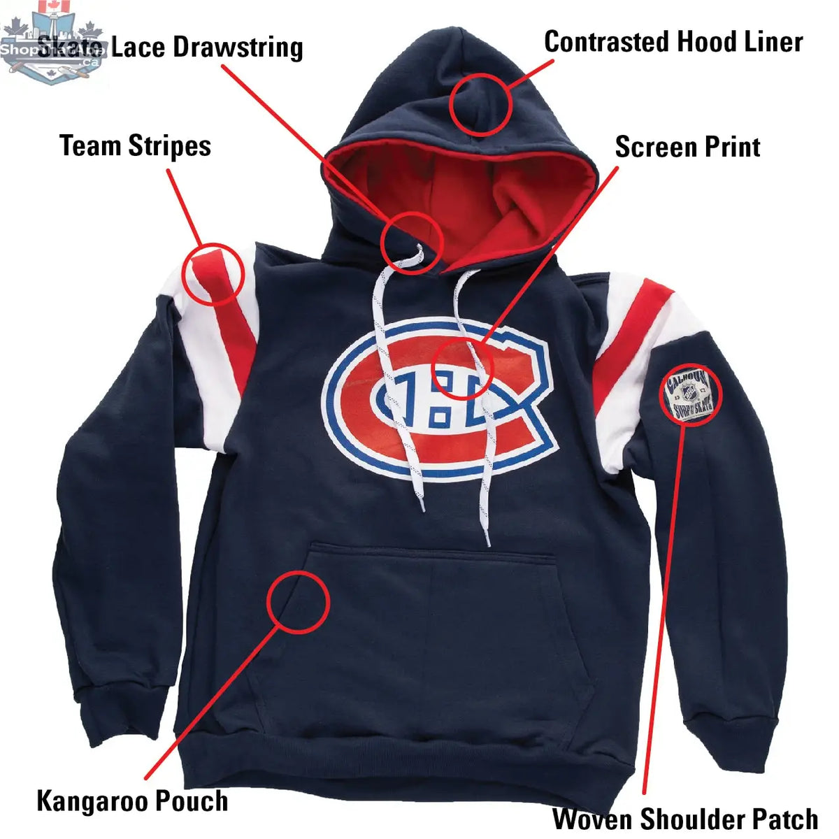 Montreal Canadiens retro hoodie in vintage varsity style, navy and red pullover with team logo, by Calhoun Surf N' Skate