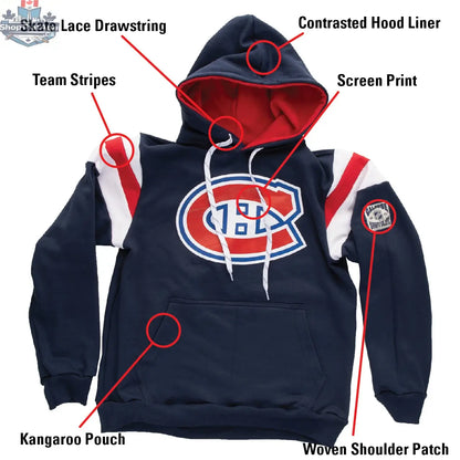 Montreal Canadiens retro hoodie in vintage varsity style, navy and red pullover with team logo, by Calhoun Surf N' Skate
