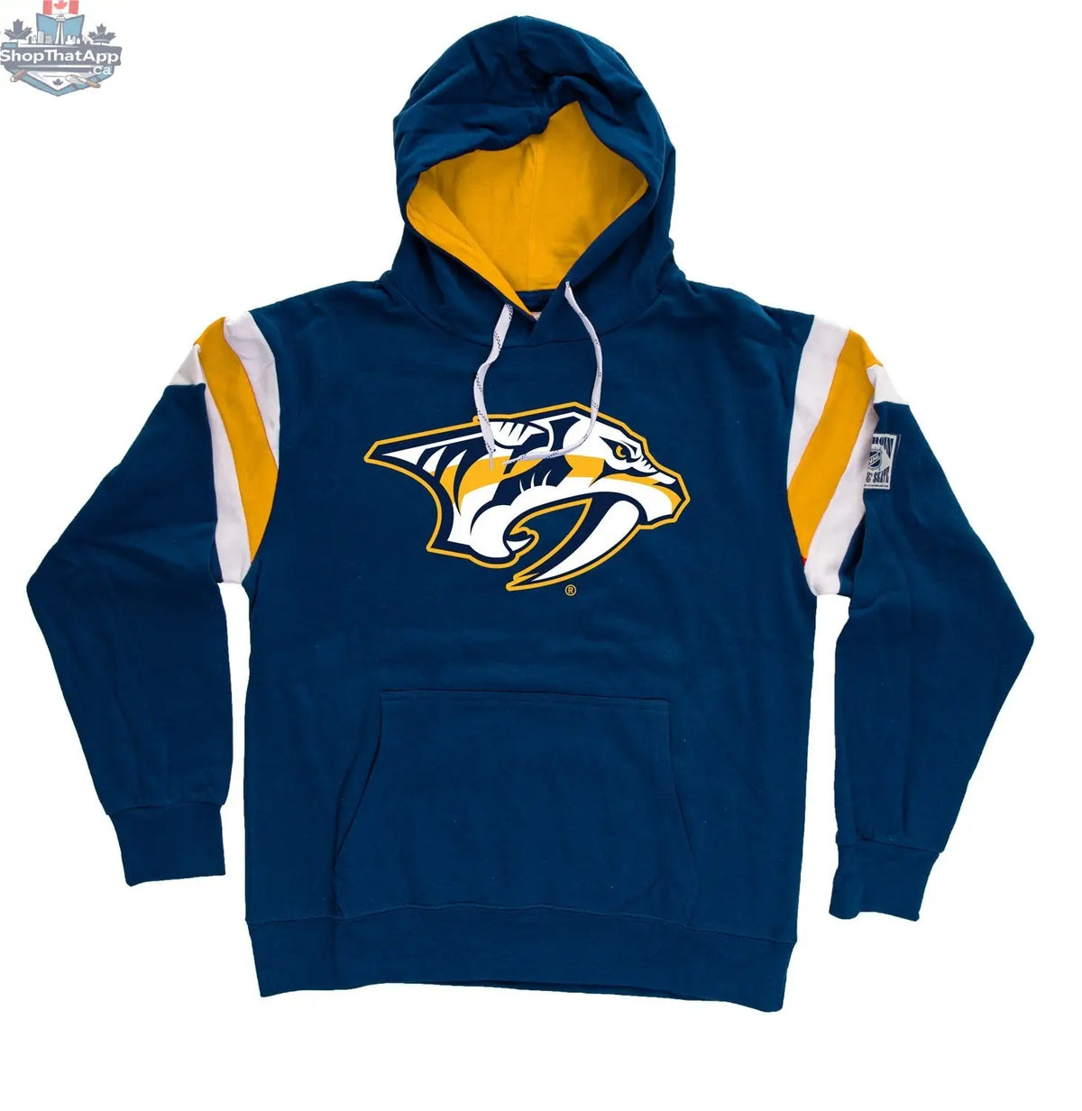 Nashville Predators varsity-style hoodie by Calhoun Surf N' Skate featuring team logo and retro design, flat view image.