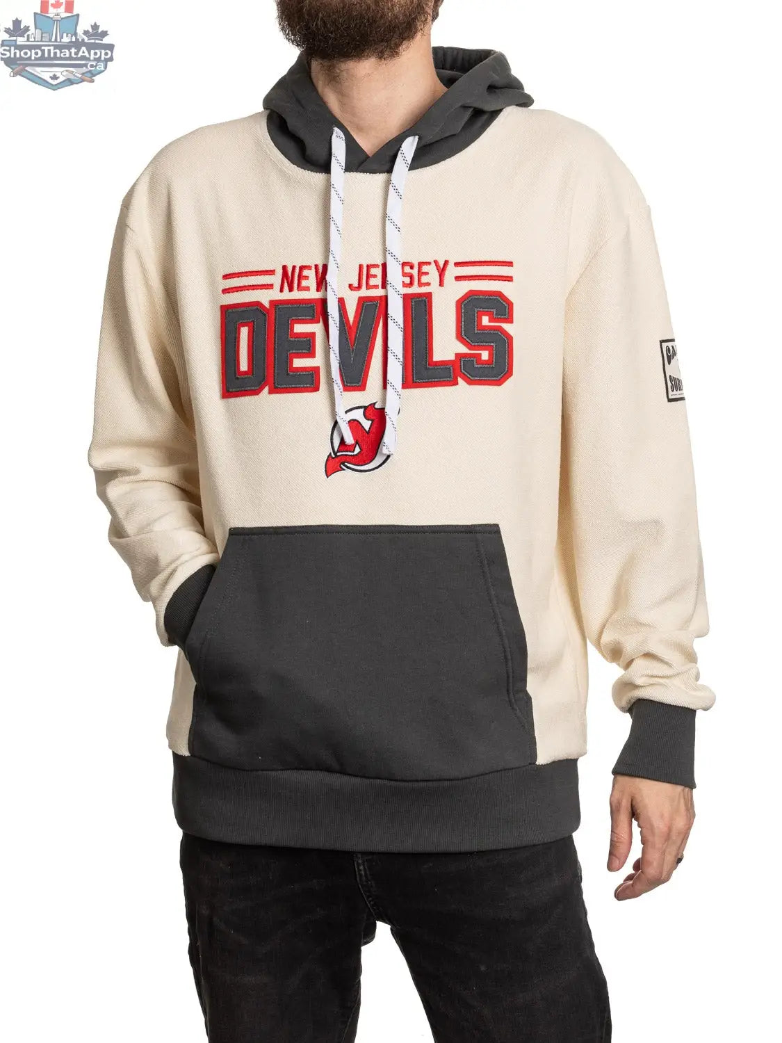 NHL New Jersey Devils hoodie by Calhoun Surf N' Skate featuring a retro reverse terry design, unisex fit, and team logo.