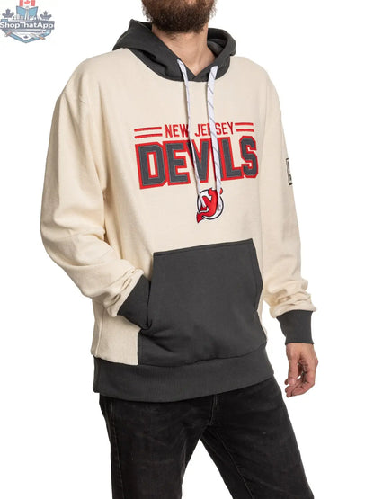 NHL New Jersey Devils hoodie by Calhoun Surf N' Skate featuring a retro reverse terry design, unisex fit, navy blue color.