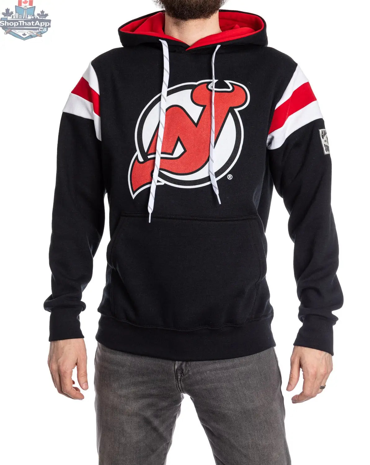 New Jersey Devils hoodie in retro varsity style by Calhoun Surf N' Skate, featuring team logo and classic athletic design.