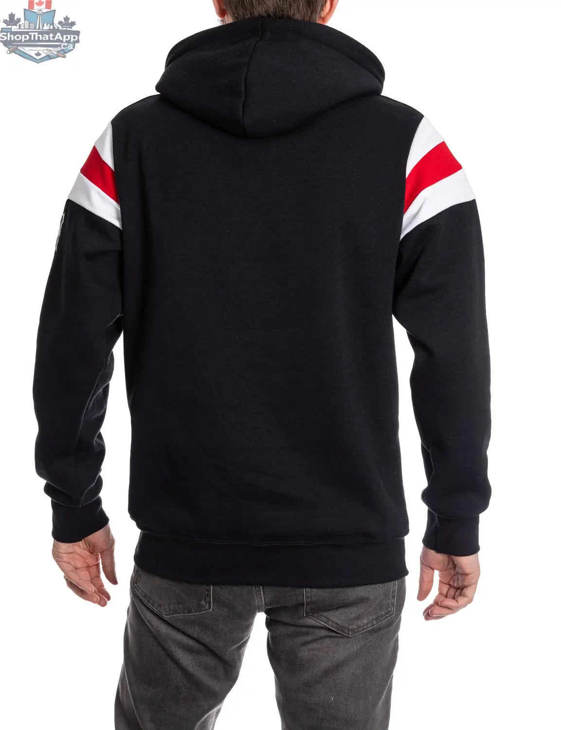 New Jersey Devils hoodie with retro varsity style, featuring team logo on the back, by Calhoun Surf N' Skate.