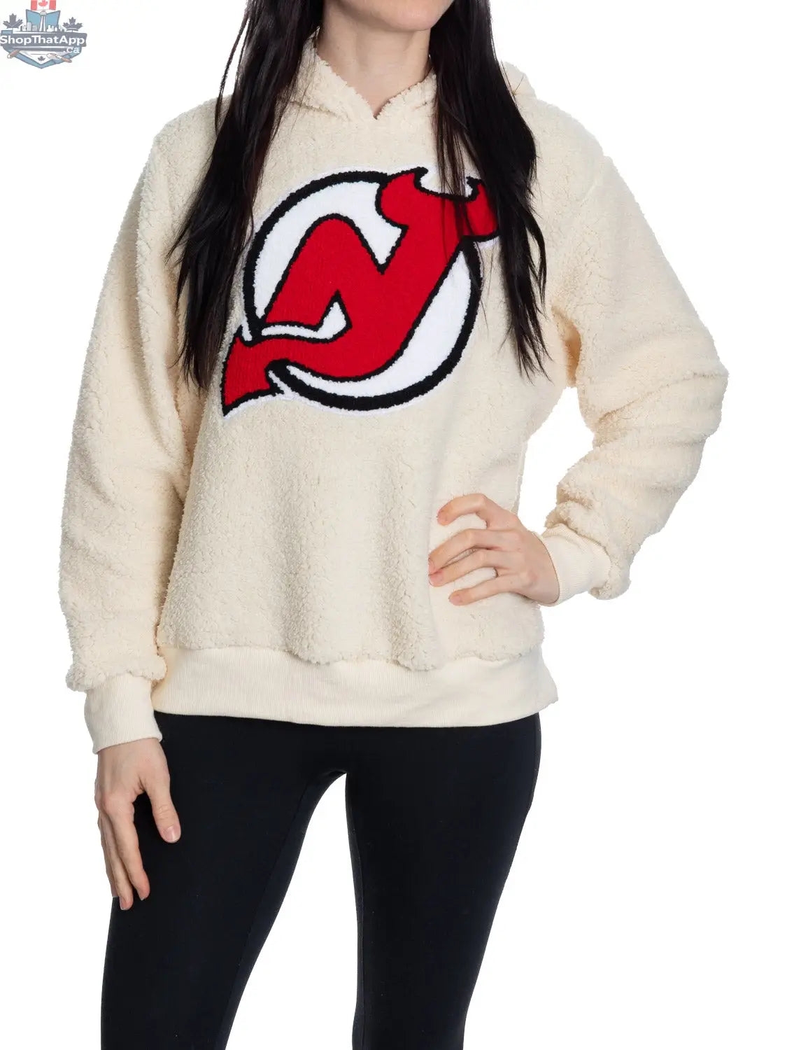 New Jersey Devils ladies hoodie with sherpa lining and premium chenille logo by Calhoun Surf N' Skate, shown in the image.