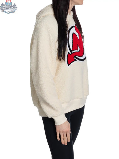New Jersey Devils ladies hoodie with sherpa lining and premium chenille logo, casual sportswear by Calhoun Surf N' Skate.