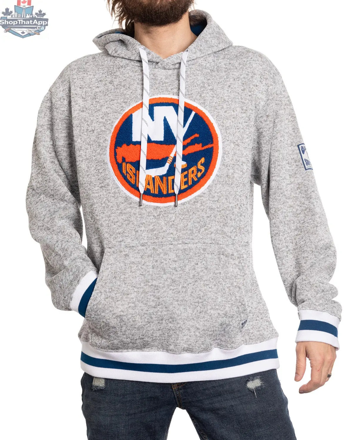 New York Islanders hoodie with Muskoka-style premium chenille woven logo by Calhoun Surf N' Skate, featuring a comfortable casual fit.