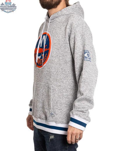 New York Islanders hoodie with Muskoka-style premium chenille woven logo, featuring a casual fit and soft fabric.
