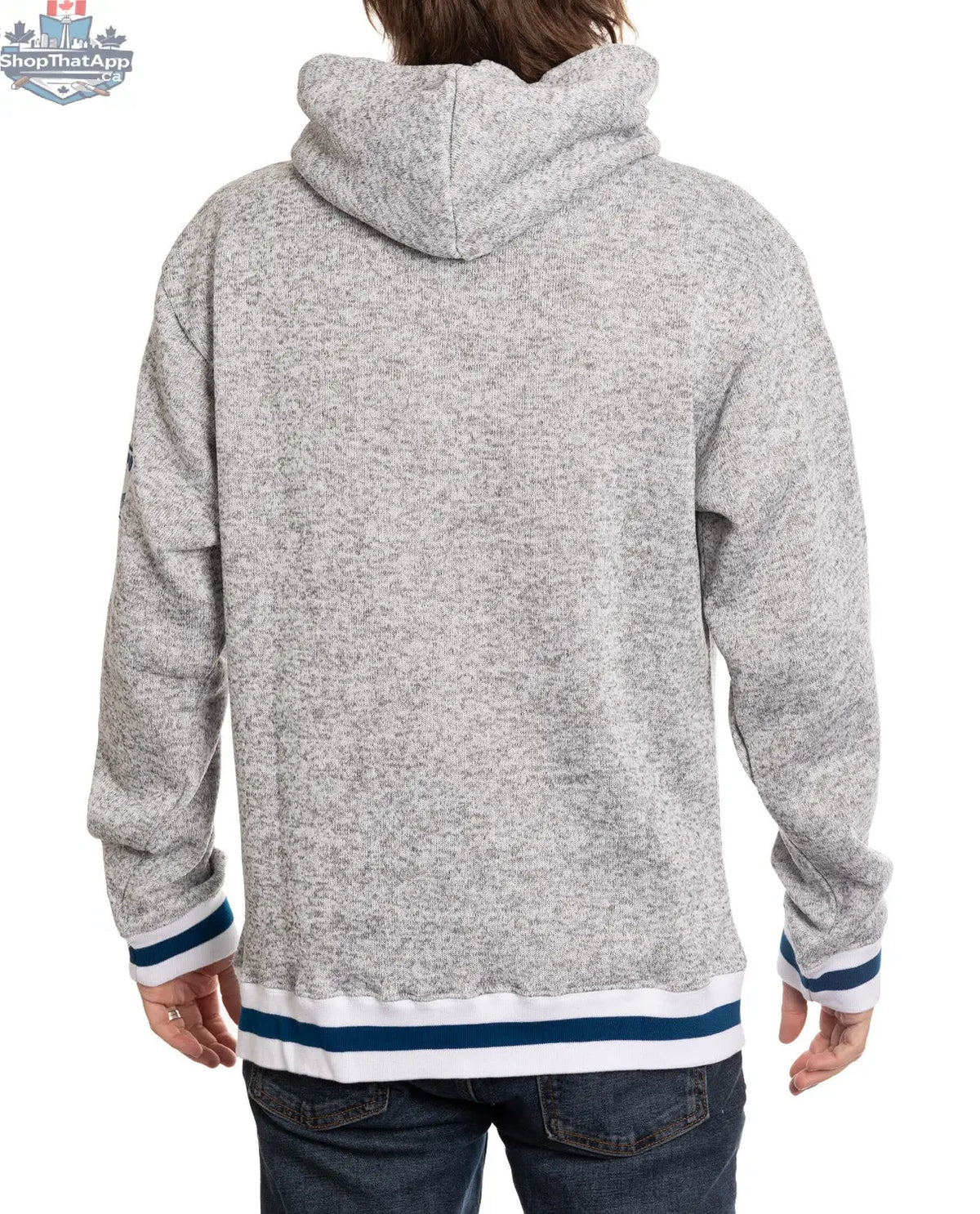 New York Islanders hoodie with Muskoka-style premium chenille woven logo, showing the back design on a Calhoun Surf N' Skate hoodie.