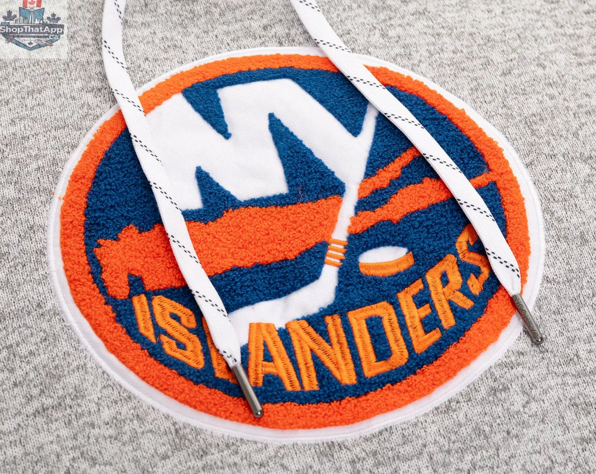 New York Islanders hoodie with Muskoka-style premium chenille woven logo, featuring detailed team branding on a cozy sweatshirt.