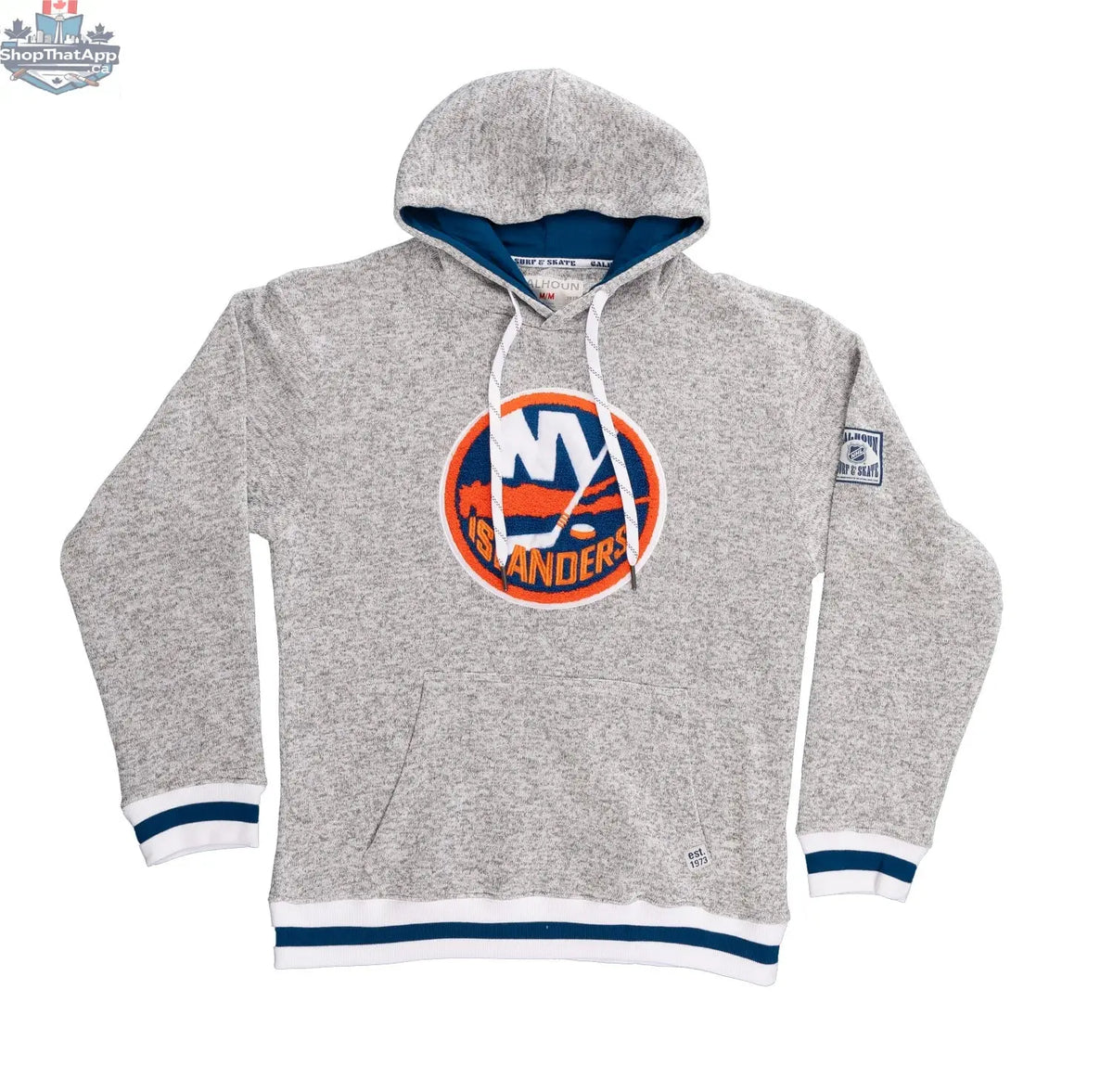 New York Islanders hoodie by Calhoun Surf N' Skate featuring a Muskoka-style premium chenille woven Islanders logo.