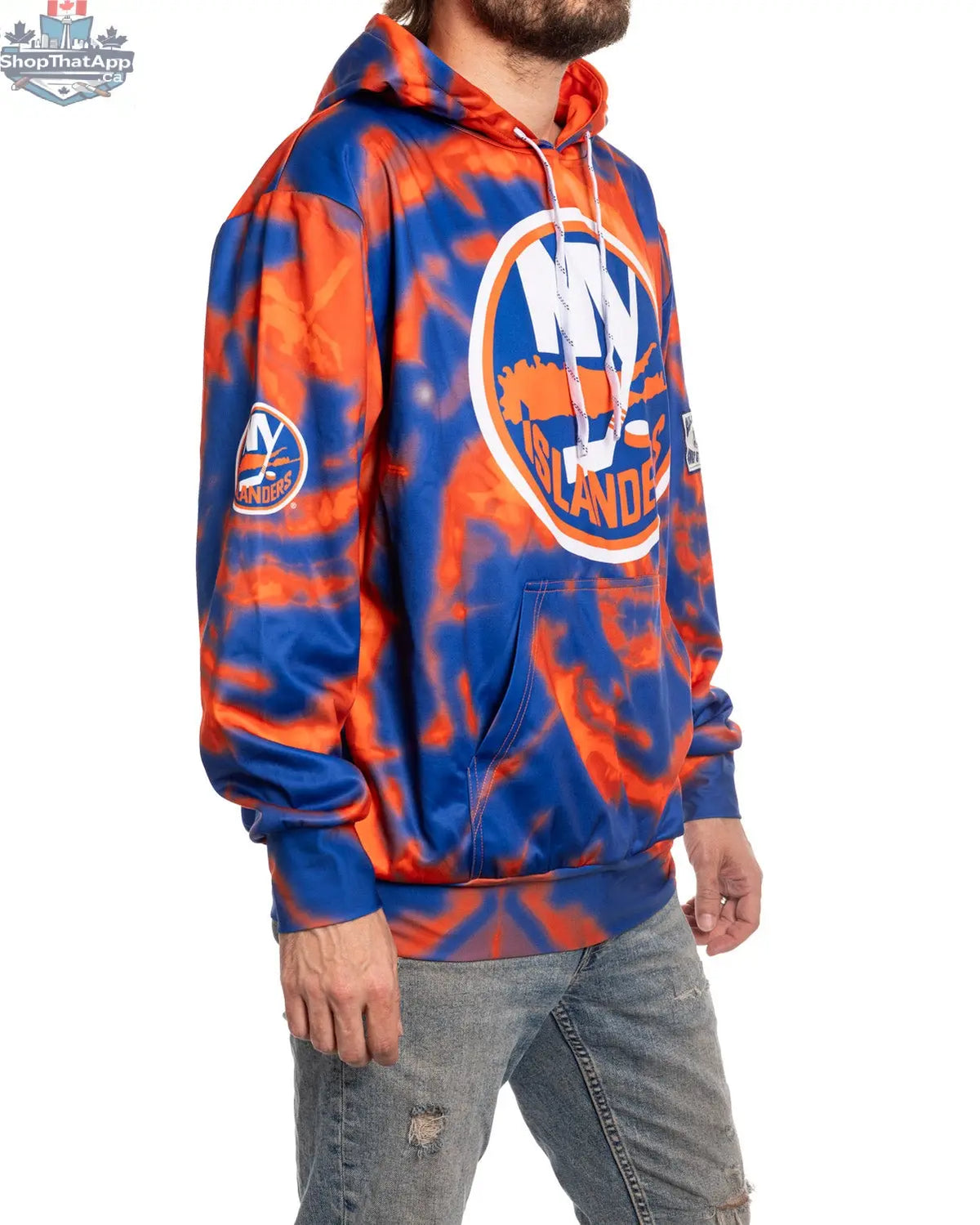 New York Islanders hoodie with vibrant sublimation design, featuring team logo and colors, by Calhoun Surf N' Skate.