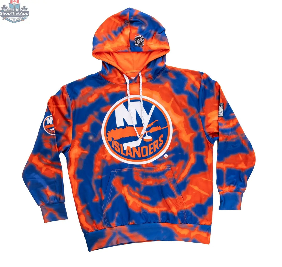 New York Islanders hoodie with vibrant sublimation design, branded by Calhoun Surf N' Skate, showcased flat with detailed graphics.
