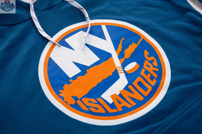 New York Islanders varsity-style hoodie by Calhoun Surf N' Skate featuring team logo and retro design, close-up of the hoodie detail.