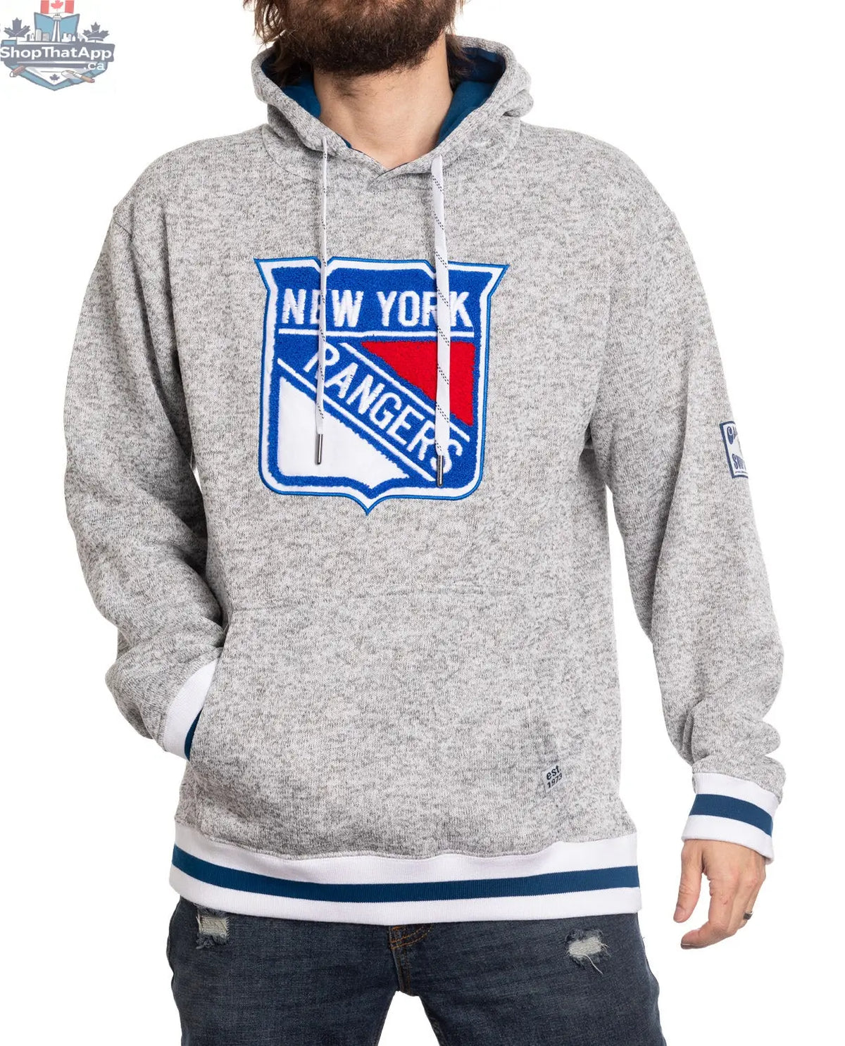 New York Rangers hoodie by Calhoun Surf N' Skate featuring a premium chenille woven Rangers logo on the front.