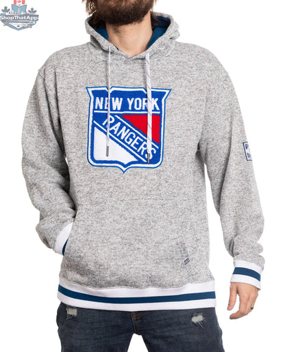 New York Rangers hoodie by Calhoun Surf N' Skate featuring a premium chenille woven Rangers logo on the front.