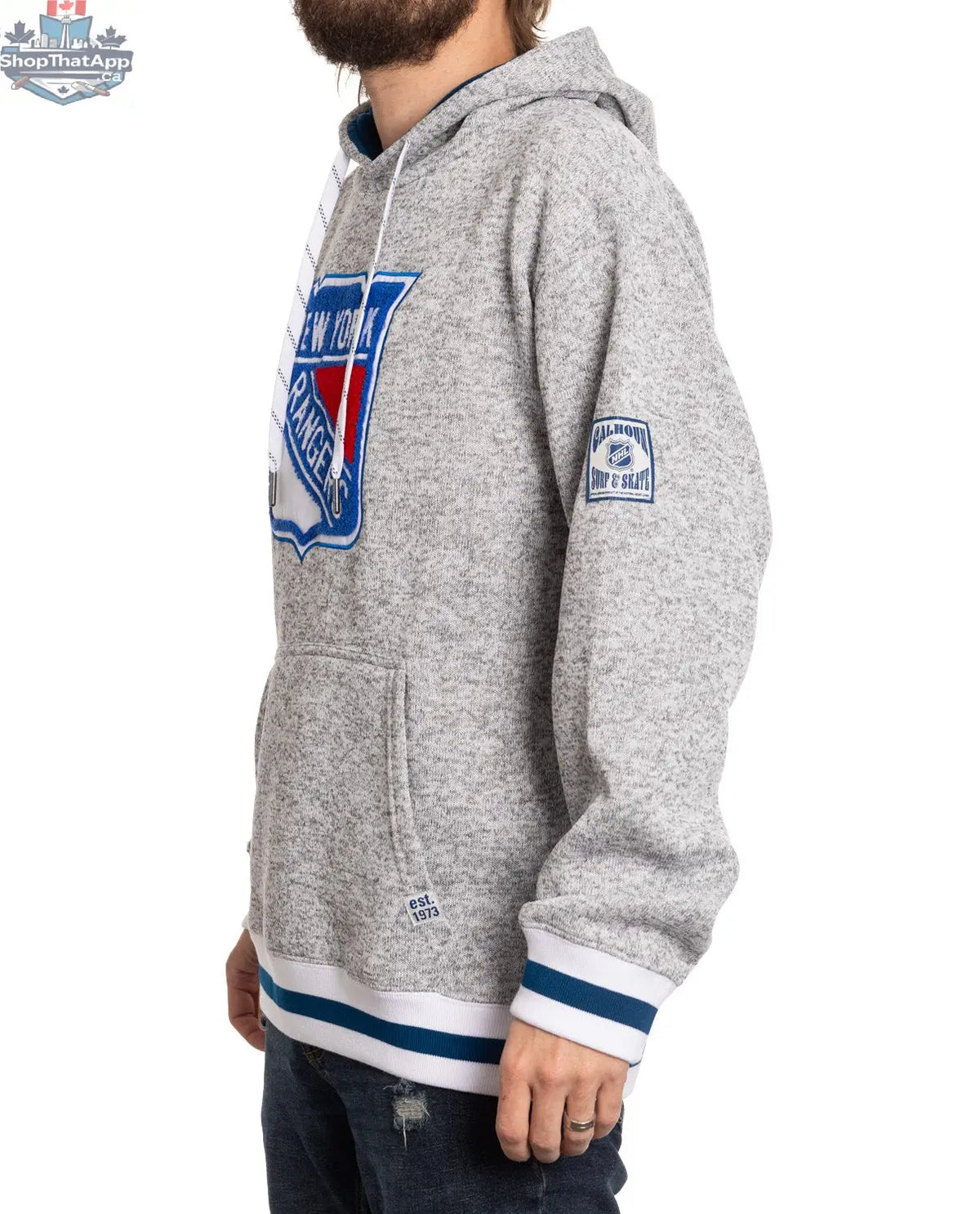 New York Rangers hoodie by Calhoun Surf N' Skate featuring a woven chenille logo and casual Muskoka style design.