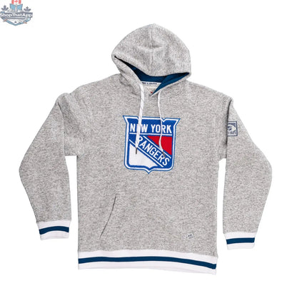 New York Rangers hoodie with Muskoka-style premium chenille woven logo, Calhoun Surf N' Skate hoodie, front view showing logo detail.