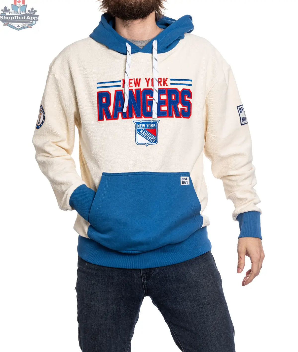 New York Rangers navy unisex hoodie by Calhoun Surf N' Skate, featuring retro NHL logo and soft reverse terry fabric.