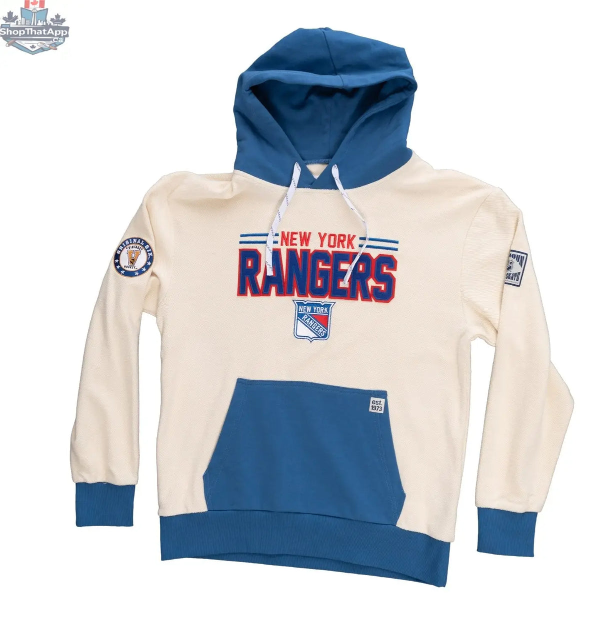 New York Rangers NHL unisex reverse terry hoodie by Calhoun Surf N' Skate, featuring team logo and retro design on fabric.
