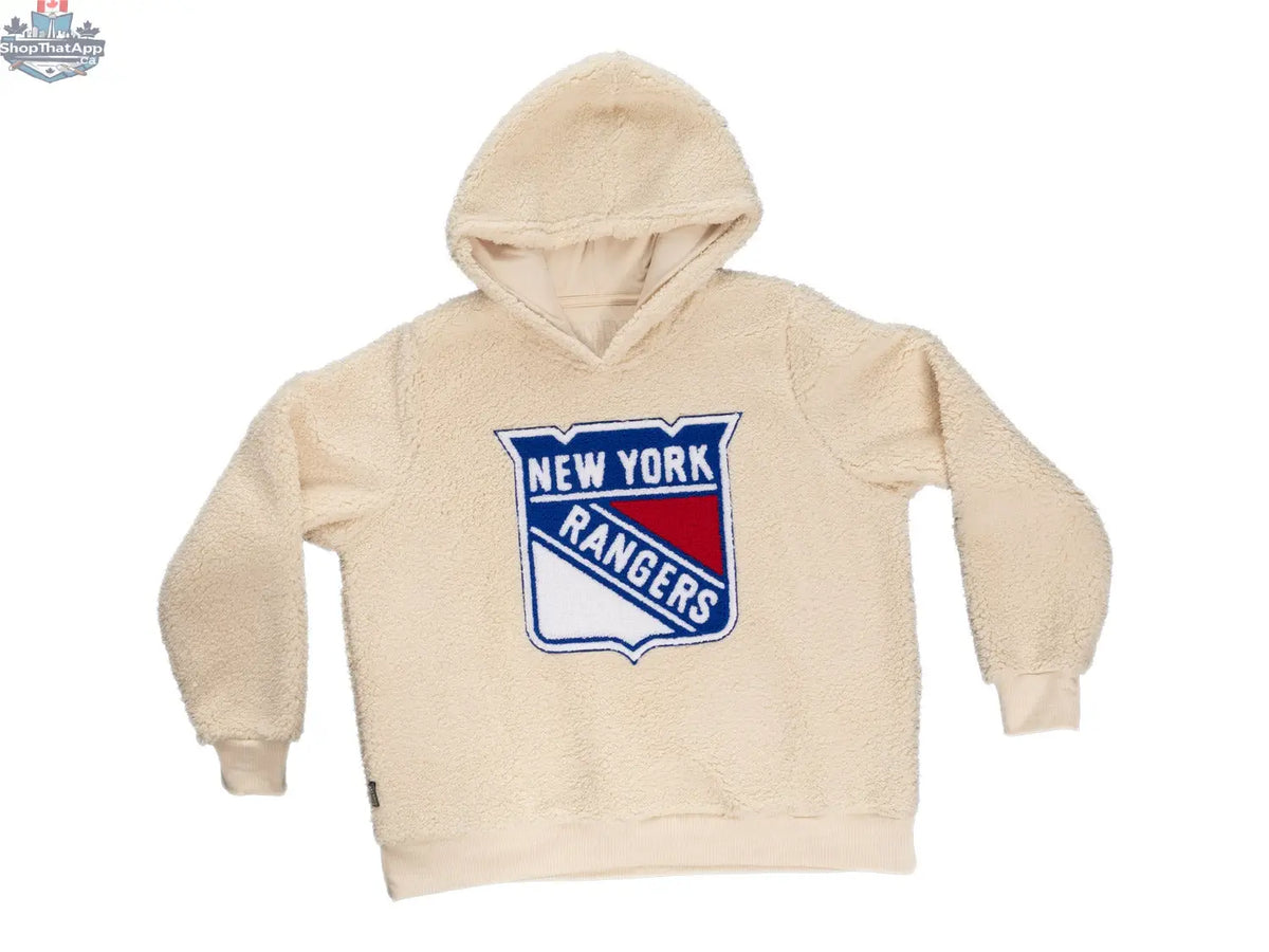 New York Rangers ladies hoodie with premium chenille logo and sherpa lining, by Calhoun Surf N' Skate, shown flat.