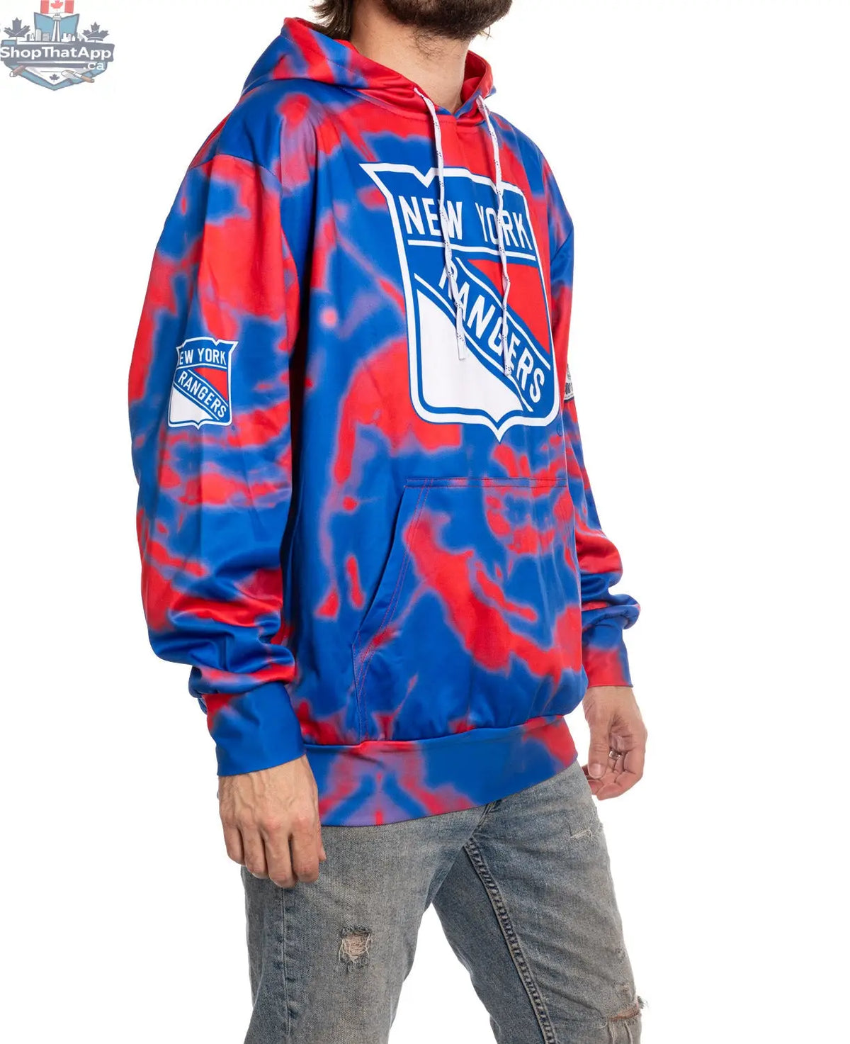 New York Rangers tie-dye hoodie by Calhoun Surf N' Skate, NHL sublimation pullover sweater with vibrant Rangers team logo and colorful design.