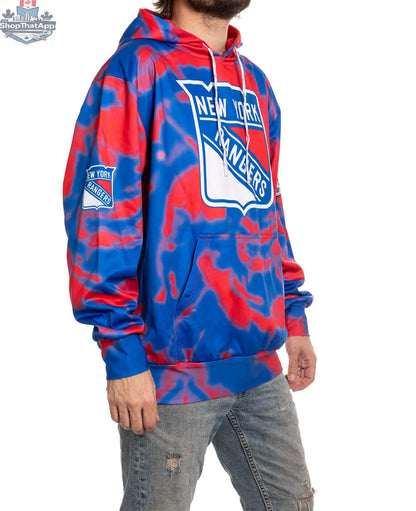 New York Rangers tie-dye hoodie by Calhoun Surf N' Skate, NHL sublimation pullover sweater with vibrant Rangers team logo and colorful design.