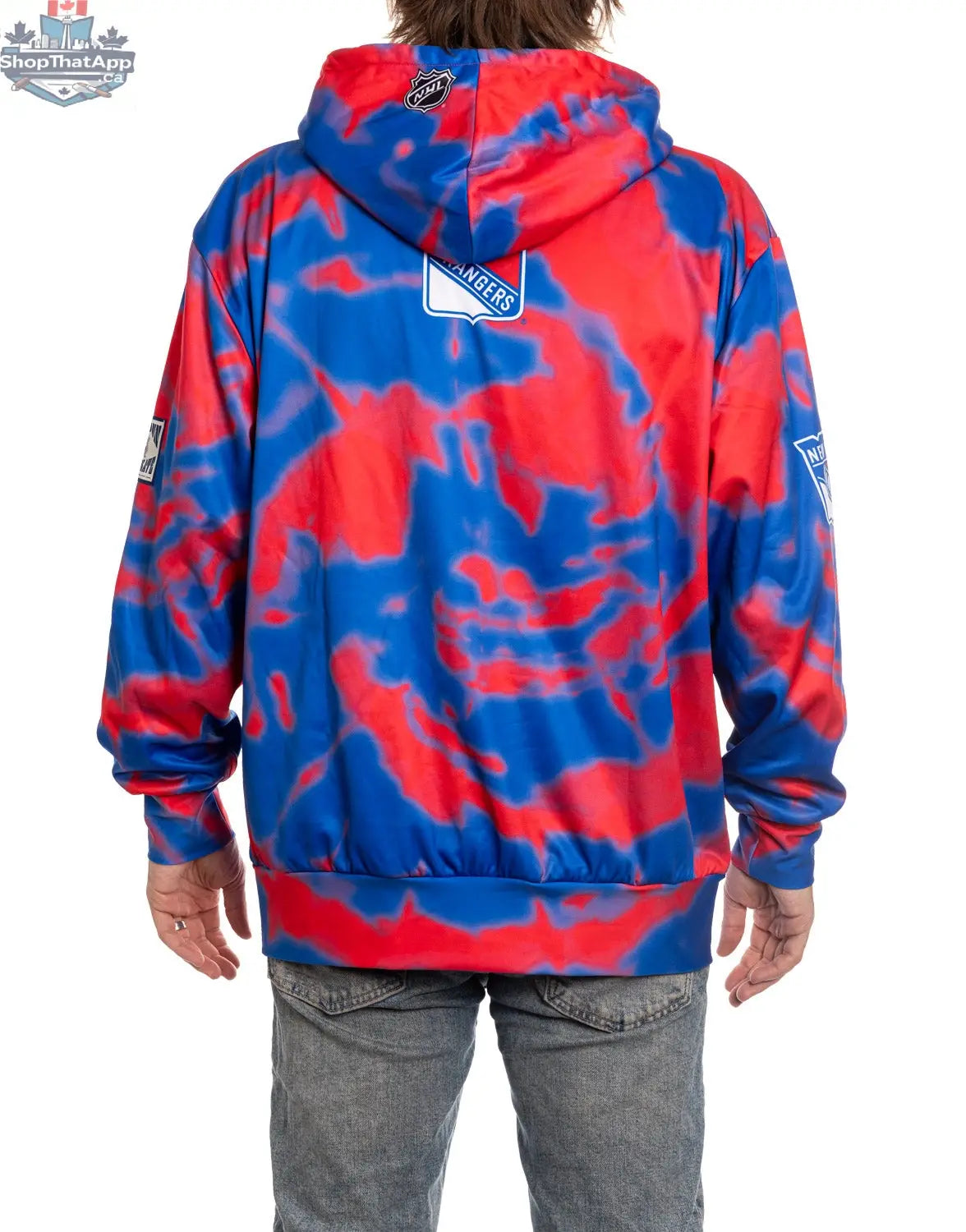 New York Rangers tie dye hoodie by Calhoun Surf N' Skate featuring NHL sublimation design on the back.