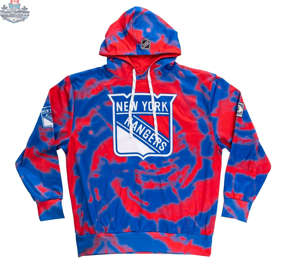 New York Rangers tie-dye hoodie by Calhoun Surf N' Skate featuring a sublimation print, casual pullover sweater with Rangers logo.