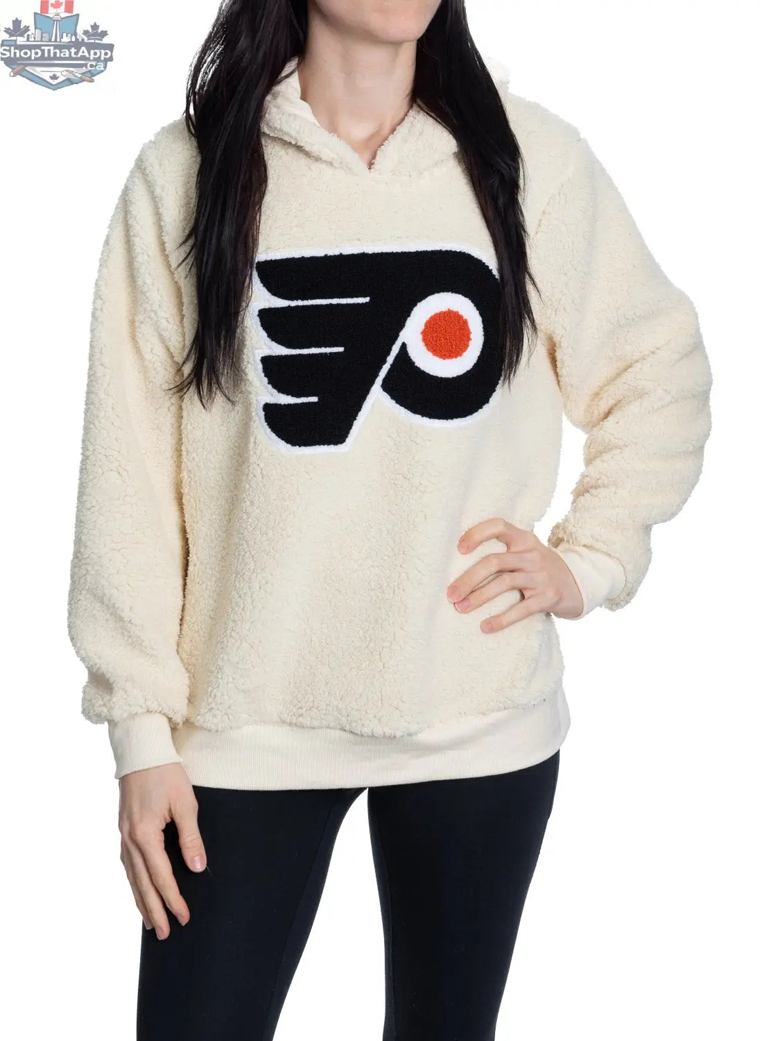 Philadelphia Flyers sherpa hoodie for women with plush chenille logo by Calhoun Surf N' Skate, featuring soft, cozy fabric.