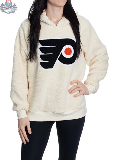 Philadelphia Flyers sherpa hoodie for women with plush chenille logo by Calhoun Surf N' Skate, featuring soft, cozy fabric.