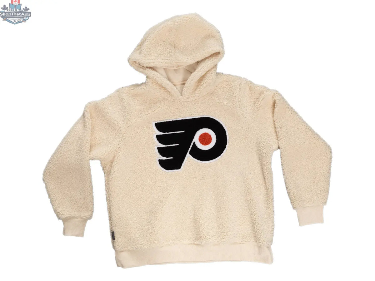 Philadelphia Flyers ladies sherpa hoodie with white and orange chenille logo, soft fleece material, casual sportswear by Calhoun Surf N' Skate.