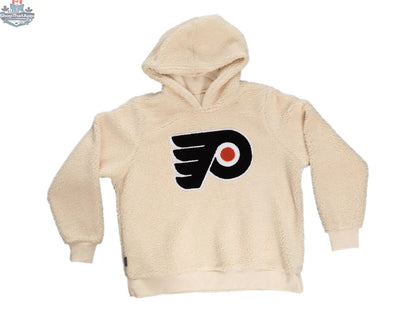 Philadelphia Flyers ladies sherpa hoodie with white and orange chenille logo, soft fleece material, casual sportswear by Calhoun Surf N' Skate.