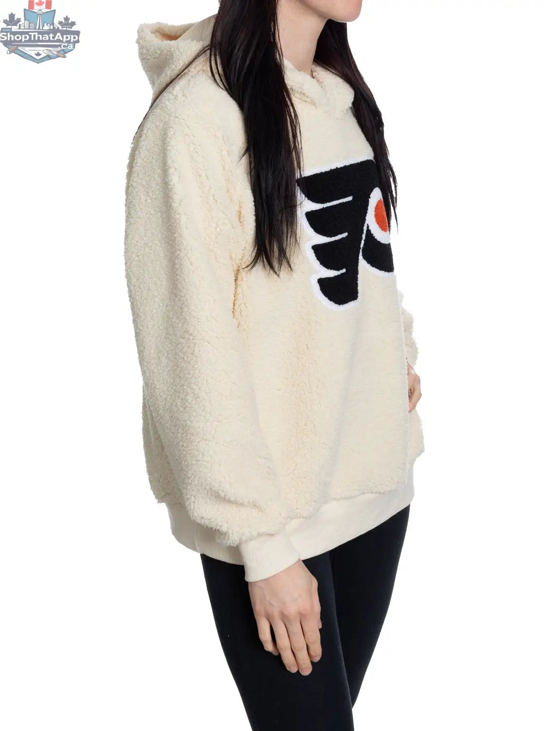 Philadelphia Flyers sherpa hoodie for ladies with premium chenille logo by Calhoun Surf N' Skate, shown from side view.