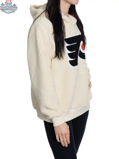 Philadelphia Flyers sherpa hoodie for ladies with premium chenille logo by Calhoun Surf N' Skate, shown from side view.