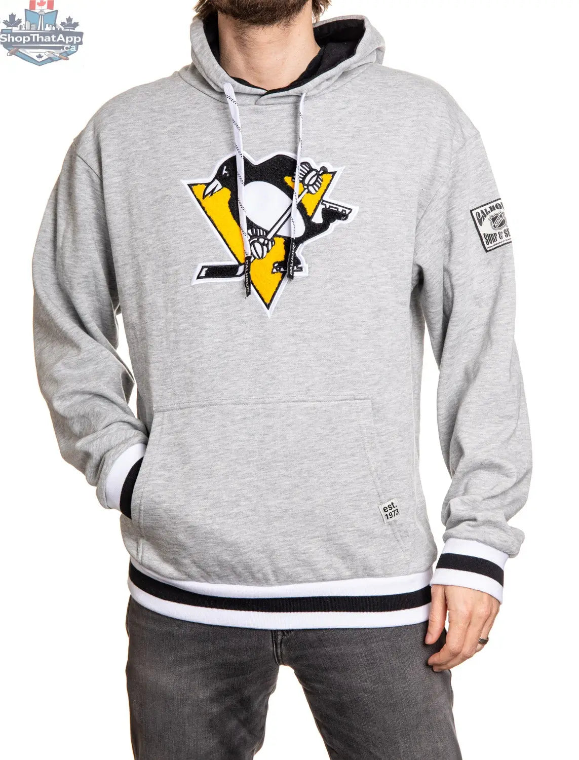 Pittsburgh Penguins hoodie with Muskoka style premium chenille woven logo, casual Calhoun Surf N' Skate hoodie for fans