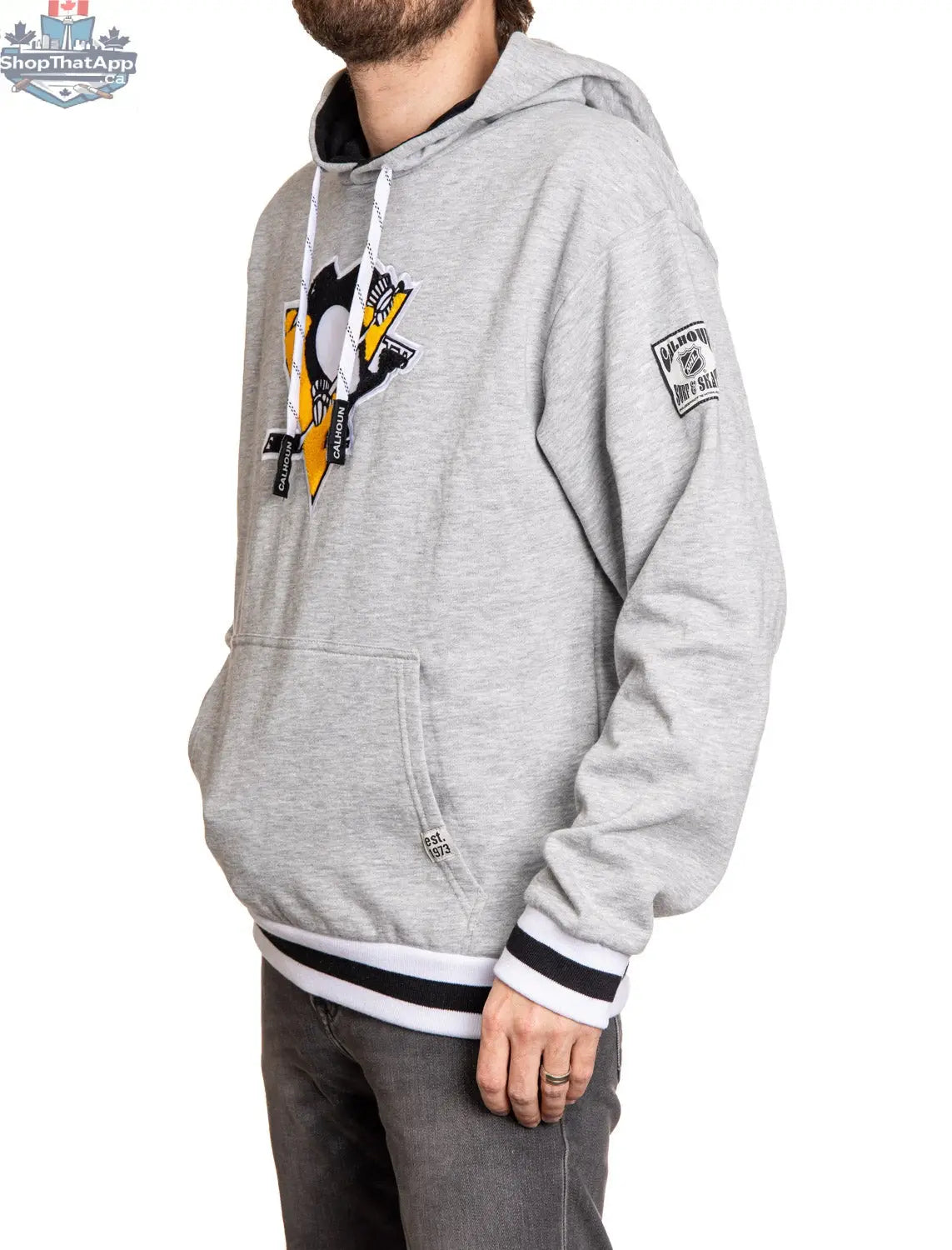 Pittsburgh Penguins hoodie with Muskoka style premium chenille woven logo, showing the side view of the Calhoun Surf N' Skate hoodie.