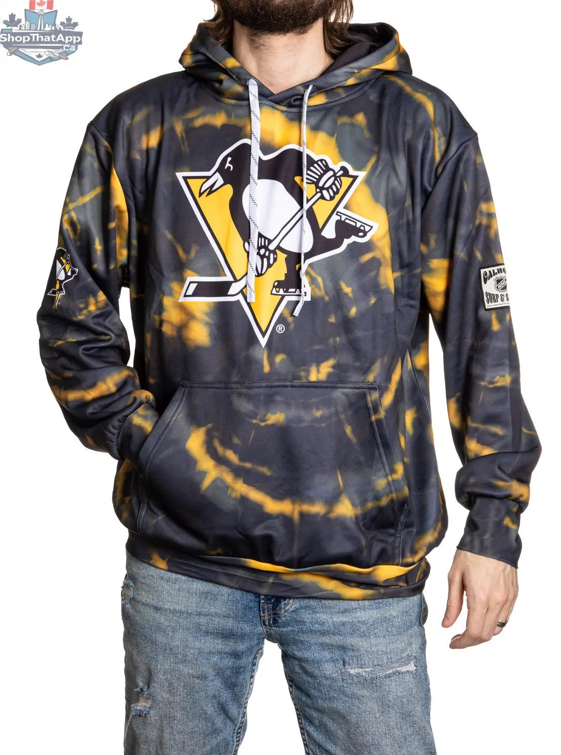 Pittsburgh Penguins hoodie with sublimation design by Calhoun Surf N' Skate, featuring team logo and vibrant sports-themed artwork.
