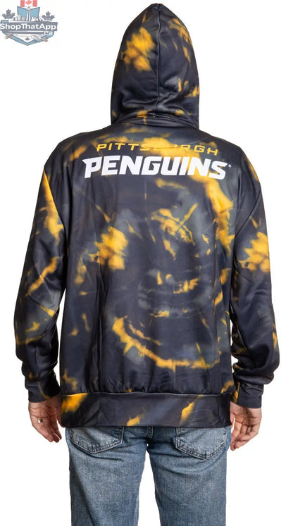 Pittsburgh Penguins hoodie with sublimation design, featuring team logo and artwork on the back, by Calhoun Surf N' Skate.