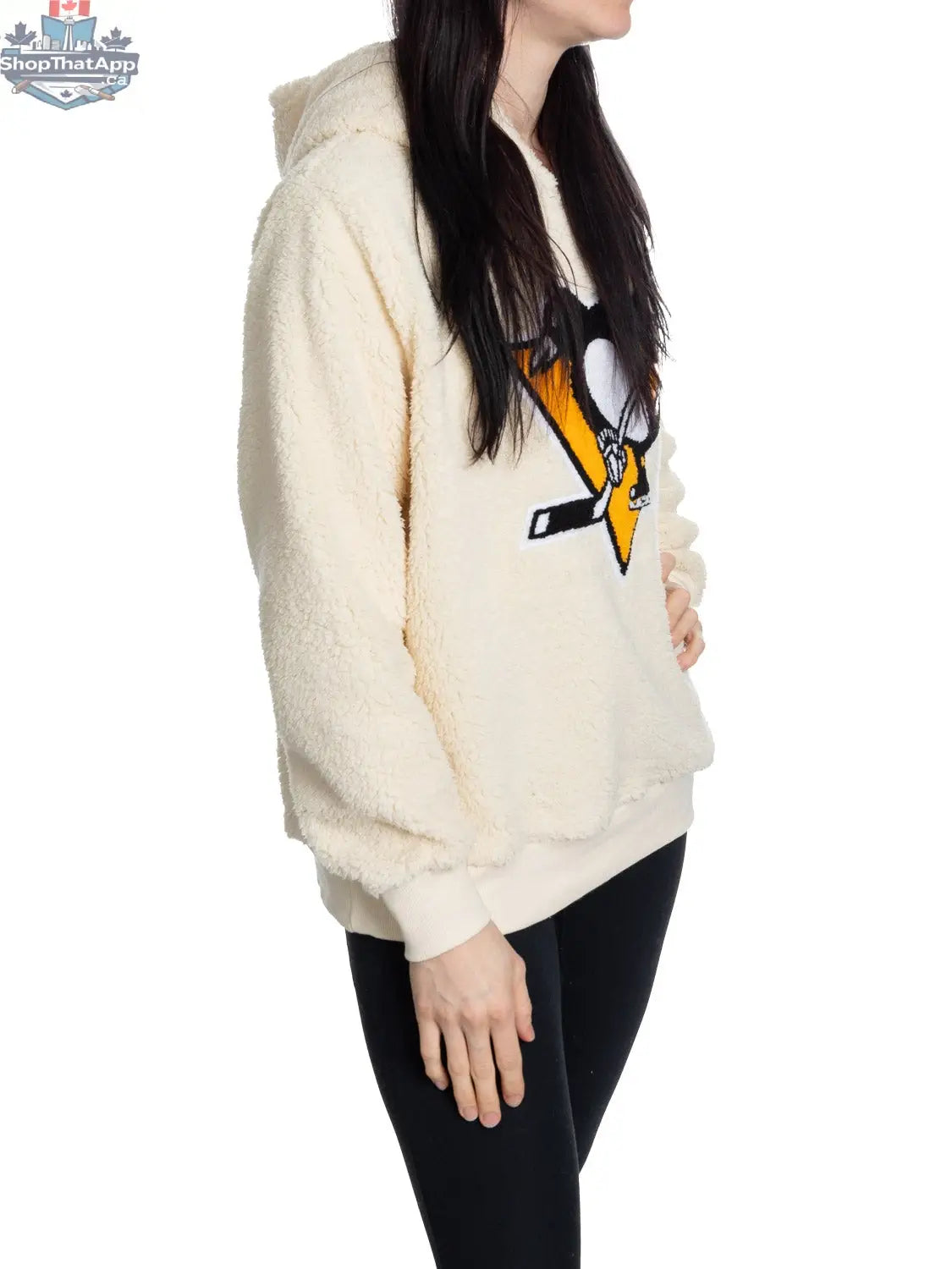 Ladies' Pittsburgh Penguins Sherpa hoodie with premium chenille logo, soft fleece lining, and cozy design by Calhoun Surf N' Skate.
