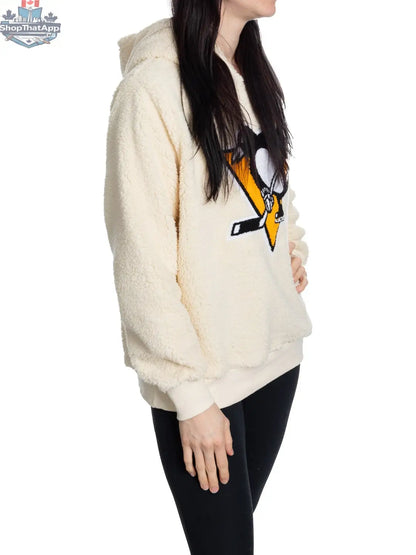 Ladies' Pittsburgh Penguins Sherpa hoodie with premium chenille logo, soft fleece lining, and cozy design by Calhoun Surf N' Skate.
