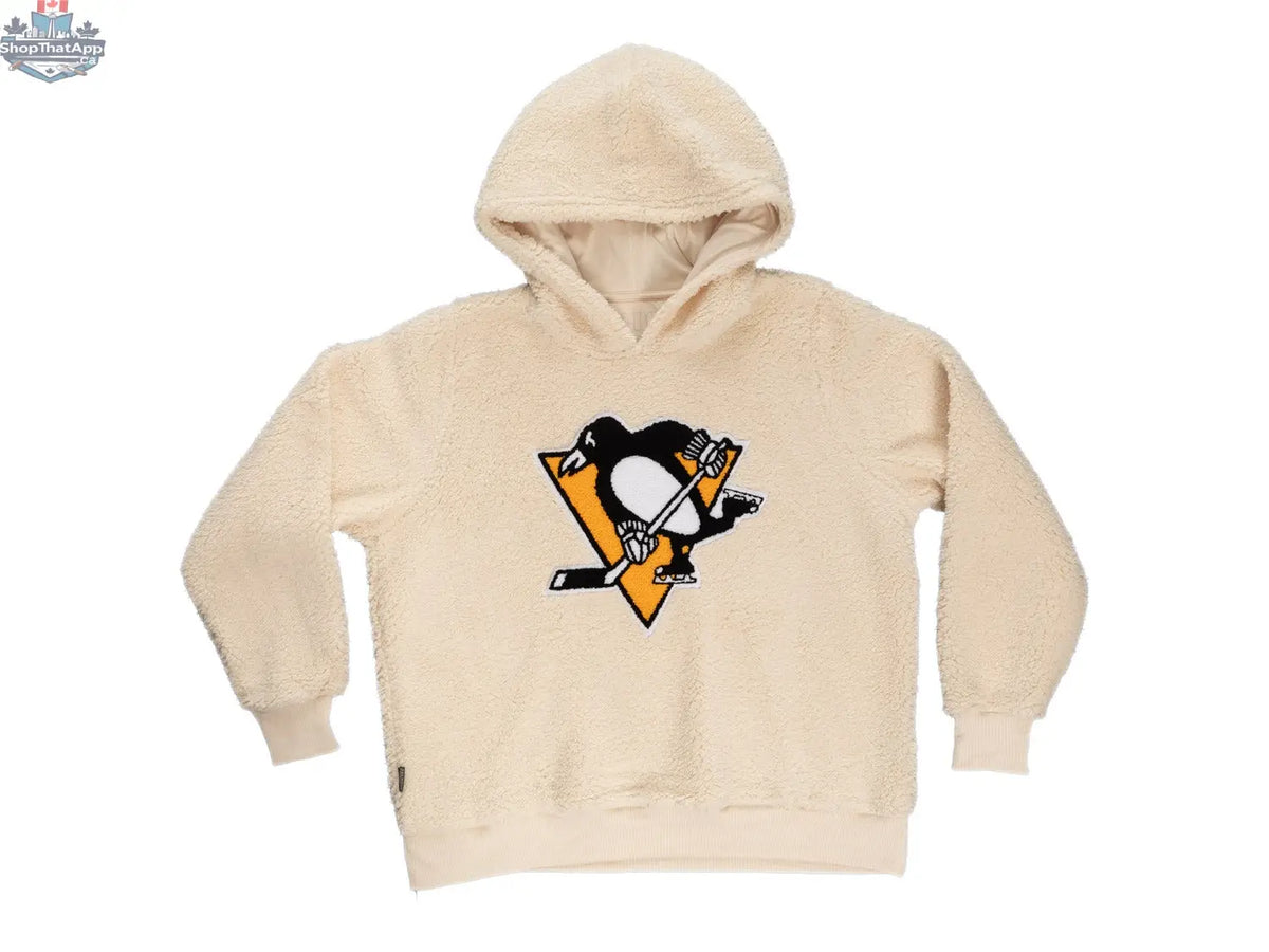 Ladies' Pittsburgh Penguins Sherpa hoodie with plush chenille logo by Calhoun Surf N' Skate, featuring a cozy, soft fleece interior.
